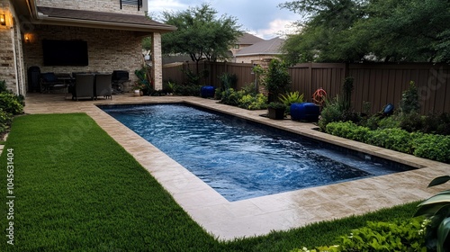 Wallpaper Mural Rectangular swimming pool in a backyard with a patio, green grass, and landscaping. Torontodigital.ca