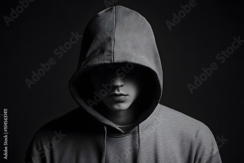 close-up portrait of serious hooded man with intense stare and mysterious expression in dark hoodie