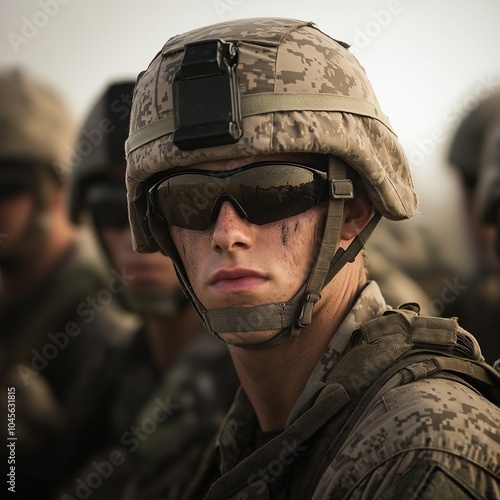 A soldier, clad in uniform and sunglasses, focuses intently, signifying alertness and readiness for any challenge. photo