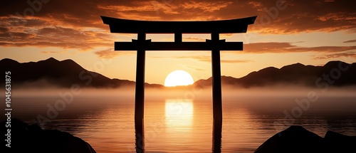 Silhouette of a traditional torii gate against a sunset over calm waters.