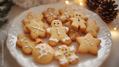 Festive Assorted Gingerbread Cookies on White Plates in Holiday Setting