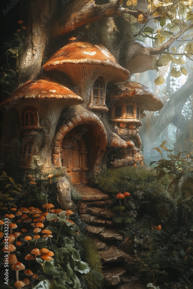 Obraz premium A whimsical house built within mushrooms in a lush forest, illuminated by soft, magical light.