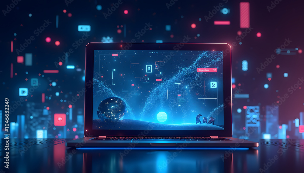 Futuristic laptop displaying digital art in neon colors on a desk representing electronics sale Futuristic laptop displaying digital art in neon colors on a desk representing electronics sale