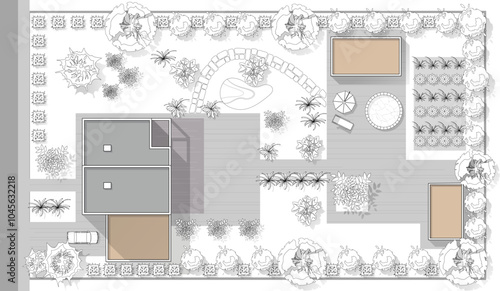 Top view landscape design plan with house, courtyard, lawn, garage. Highly detailed plan of country with modern cottage of villa with pond, pool. Vector illustration of Cityscape, Map of town, village