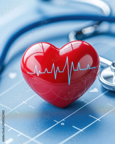 Red heart with heartbeat line on blue background, symbolizing health and vitality.