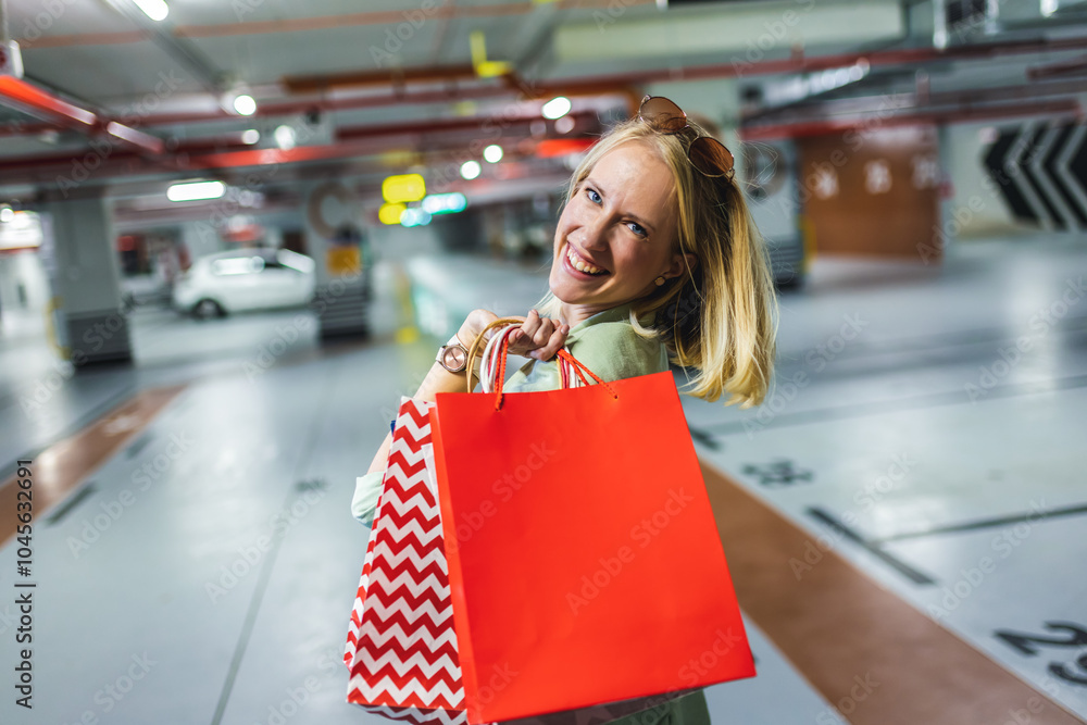 Portrait of blonde woman with shopping bags walking around the underground garage.