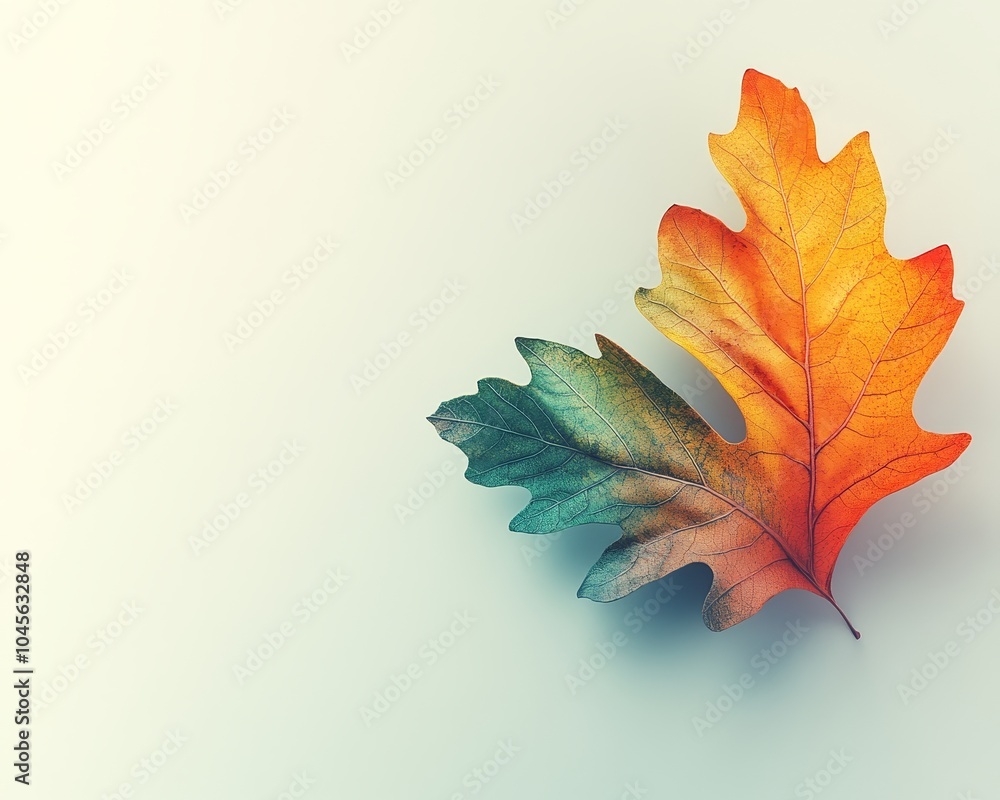 Stunning autumn leaf of oak green and yellow isolated on a white background. Falling foliage. Top view, flat lay, creative idea. Stunning autumn leaf of oak green and yellow isolated on a white background. Falling foliage. Top view, flat lay, creative idea.