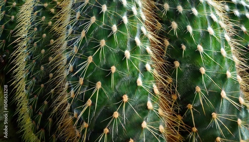 Close-up of Cactus with Intricate White Spines and Symmetrical Green Segments, Ideal for Nature, Botanical Studies, Desert Themes, or Organic Textures in Design Concepts