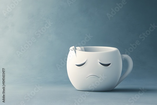 3D cartoon illustration of cute broken cup with sad face, emotional cracked mug