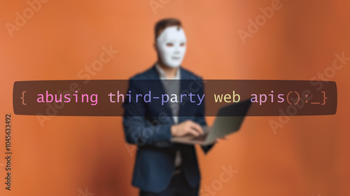 Cybersecurity concept abusing third-party web apis screen, hacker silhouette hidden with low poly style mask. Vulnerability and attack on colored code editor. Text in English, English text