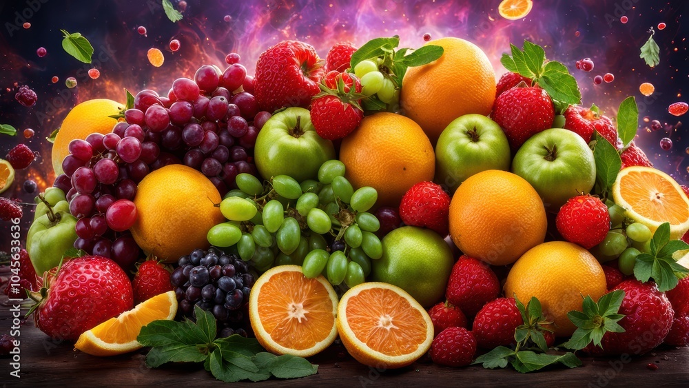 A vibrant assortment of fresh fruits arranged artistically against a colorful backdrop. A vibrant assortment of fresh fruits arranged artistically against a colorful backdrop.