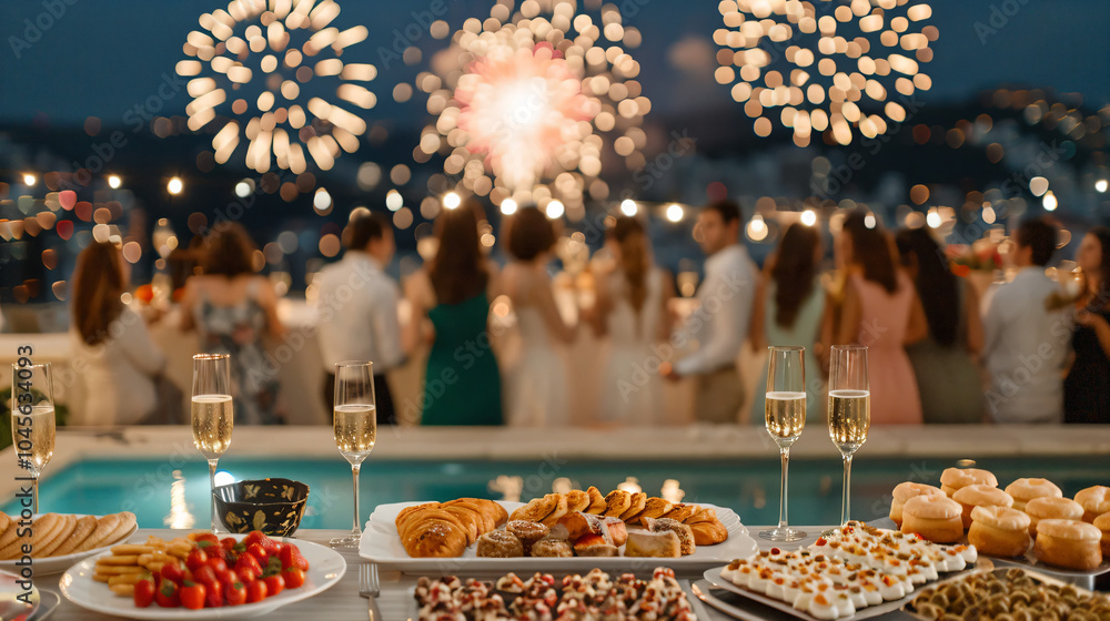 Fototapeta premium Evening rooftop celebration with fireworks, gourmet food, and elegant champagne setup.