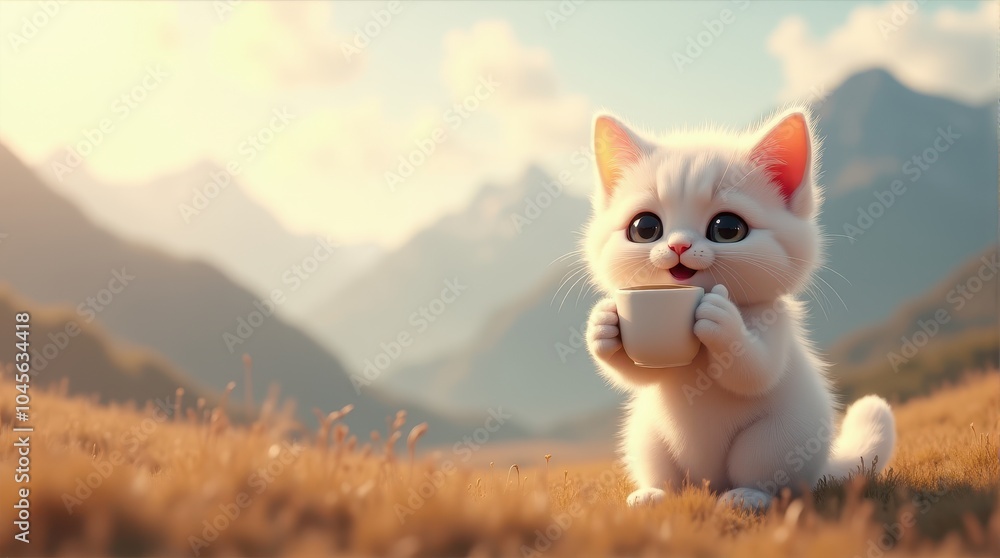 A cute white kitten sitting in a sunlit meadow holds a small cup, with majestic mountains in the background. A cute white kitten sitting in a sunlit meadow holds a small cup, with majestic mountains in the background.