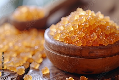 Vase of cane sugar stands on a wooden table