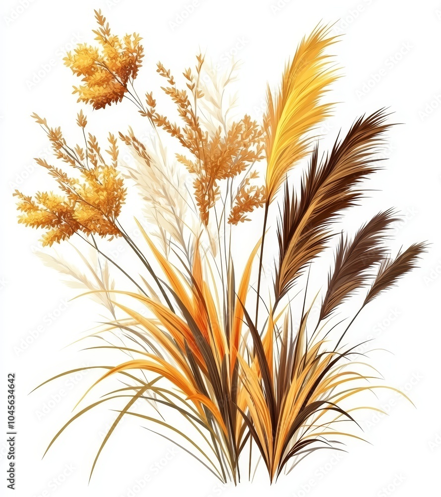 A clipping path has been applied to an isolated image of yellow field flowers and common bulrush on a white background A clipping path has been applied to an isolated image of yellow field flowers and common bulrush on a white background