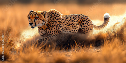 Dynamic cheetah captured mid-hunt on a dusty savannah, perfect for themes of natural speed and wildlife conservation photo