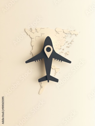 An airplane graphic is depicted flying towards a map pin, illustrating the concept of discovering new travel destinations. Generative AI photo