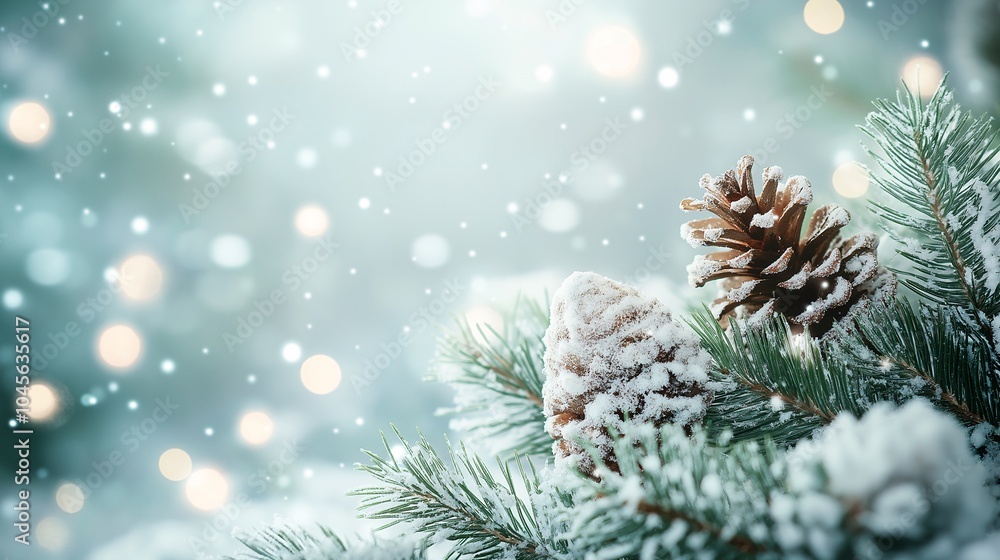 Christmas wallpaper of serene winter scene with snow covered pinecones and green pine branches in the foreground, soft bokeh with light circles and snowflakes gently falling, copy space for text Christmas wallpaper of serene winter scene with snow covered pinecones and green pine branches in the foreground, soft bokeh with light circles and snowflakes gently falling, copy space for text
