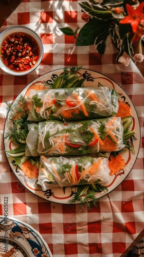 Fresh Goi Cuon Spring Rolls on Vibrant Plate photo