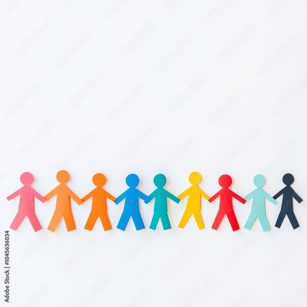 A row of colorful paper people holding hands, symbolizing unity and diversity. A row of colorful paper people holding hands, symbolizing unity and diversity.