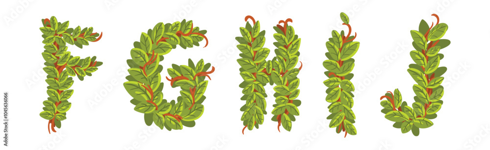 Fototapeta premium Green Leaf Alphabet Letter with Lush Foliage Vector Set