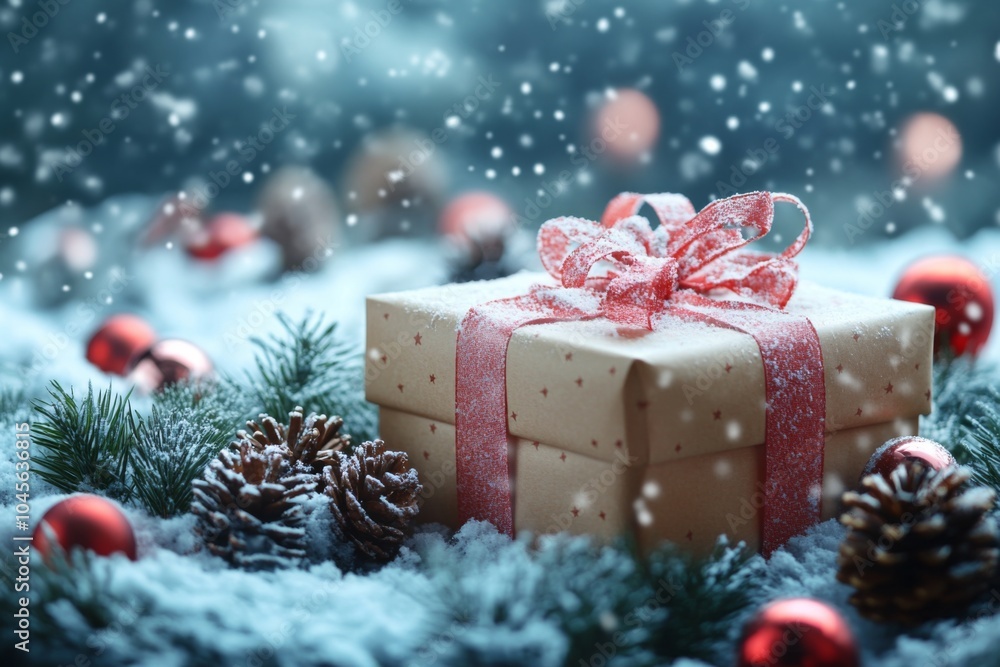 Brown gift christmas box with red ribbon on top of snowy field. Festive and joyful Brown gift christmas box with red ribbon on top of snowy field. Festive and joyful