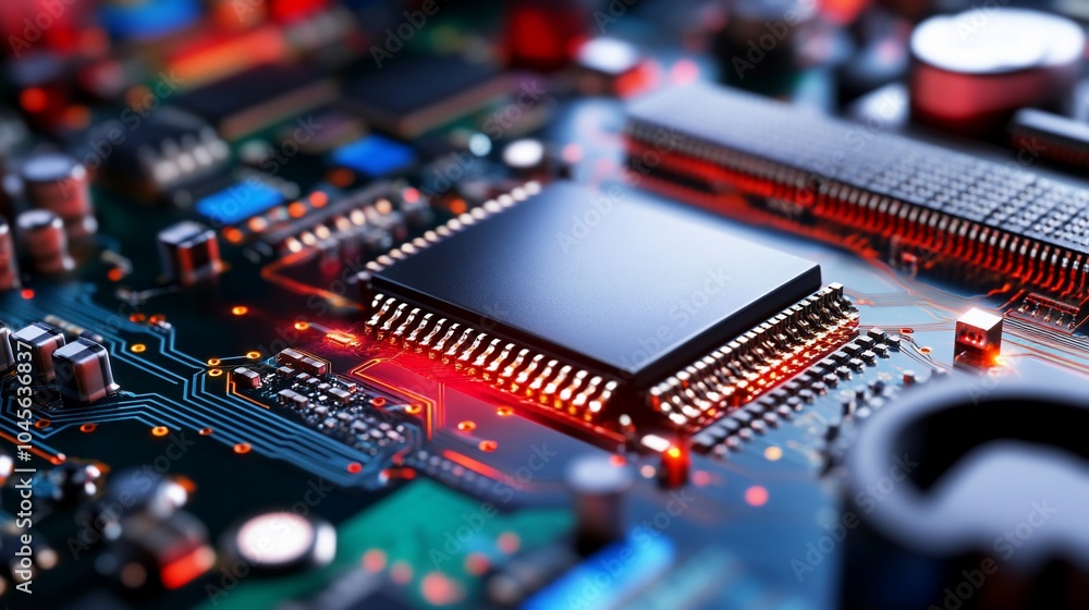 Closeup of a computer chip on a circuit board. Closeup of a computer chip on a circuit board.