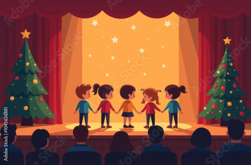 Children show performance on the stage of the theater, the audience is sitting in the hall, New Year decorations and Christmas tree