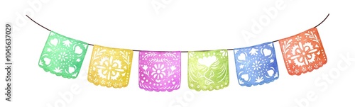 Mexican paper cut holiday flags. Cinco de mayo, dia de los muertos, viva Mexico papel picado isolated