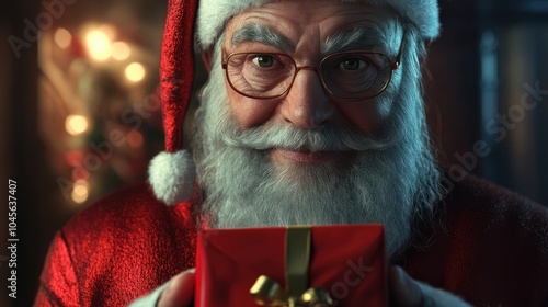 pÃ¨re noÃ«l en costume rouge qui tient un cadeau de noÃ«l dans les mains - fond transparent photo