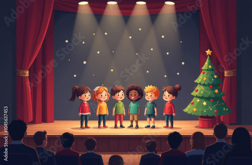 Children show performance on the stage of the theater, the audience is sitting in the hall, New Year decorations and Christmas tree