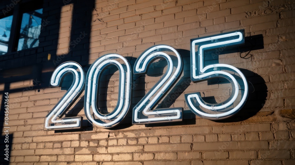 Neon Sign Displaying the Year 2025 on a Brick Wall Neon Sign Displaying the Year 2025 on a Brick Wall