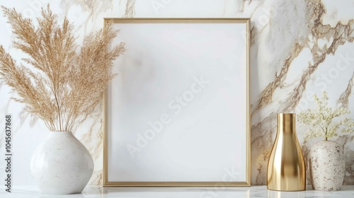 A minimalist frame mockup displayed with curated decorative pieces, creating an elegant interior design scene