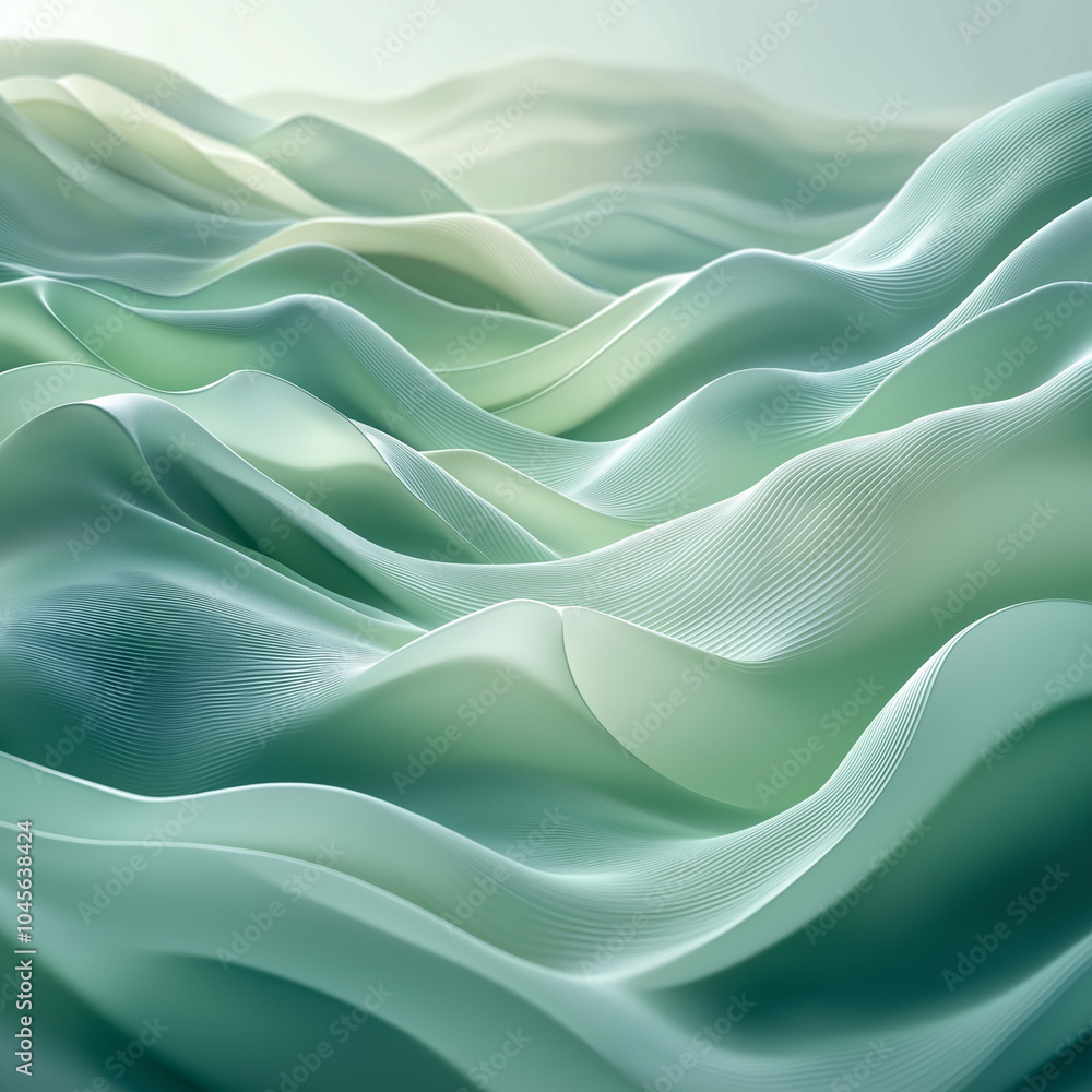 Fototapeta premium Calming waves of soft green hues create serene and tranquil atmosphere, showcasing smooth, flowing lines and gentle curves that evoke sense of peace and relaxation