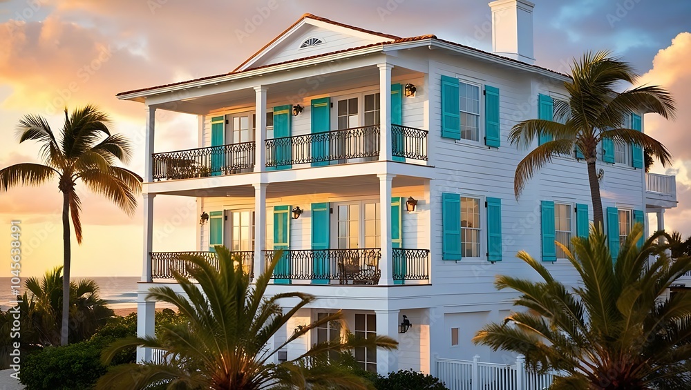 Fototapeta premium beachfront house with balcony, beachfront, coastal cottage with palm trees, palm trees, cottage, teal,