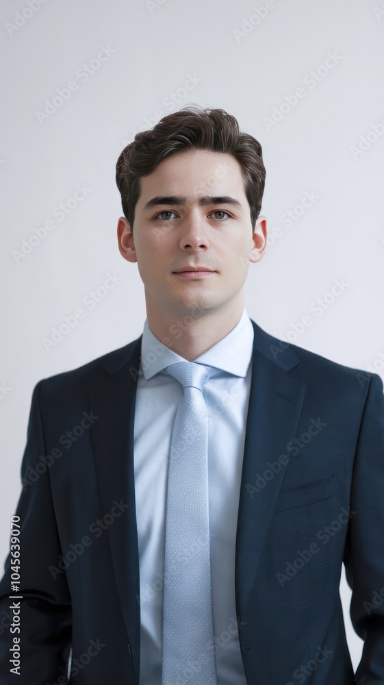 A Business Professional in a Suit Stands Confidently on a White Background A Business Professional in a Suit Stands Confidently on a White Background