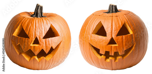 Jack-o-Lanterns with Carved Faces, isolated on transparent background, perfect for Halloween event marketing, spooky decoration designs, or seasonal greeting cards photo