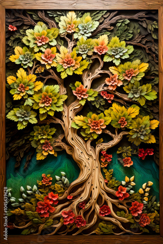 Vibrant artwork of a tree featuring intricately carved leaves and flowers, blending natural elements with artistic craftsmanship in a decorative piece