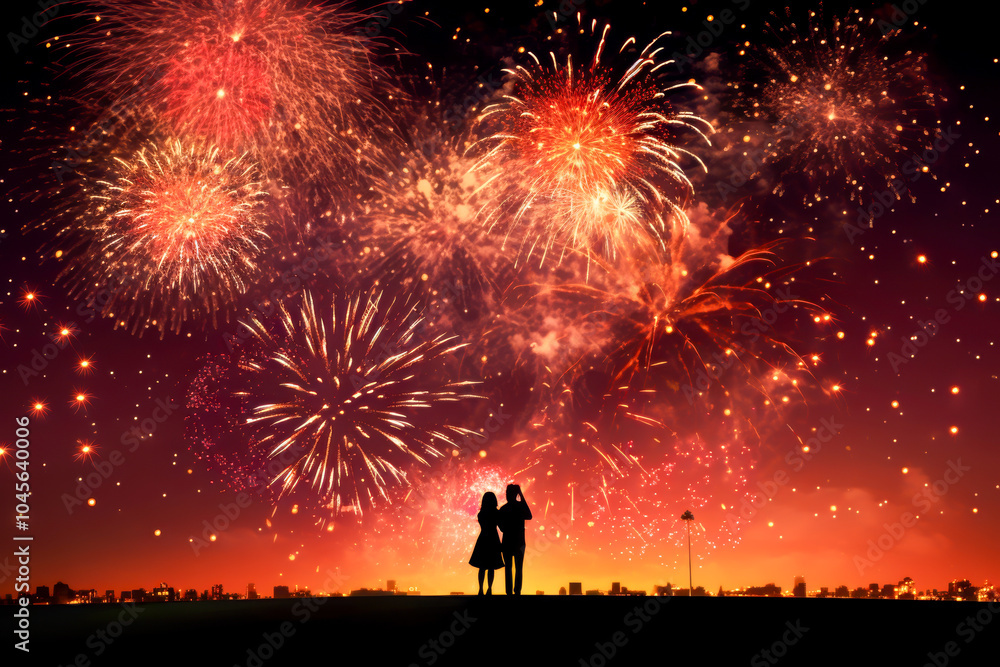 Silhouetted couple standing together, watching a vibrant fireworks display in the night sky, creating a romantic and festive atmosphere Silhouetted couple standing together, watching a vibrant fireworks display in the night sky, creating a romantic and festive atmosphere