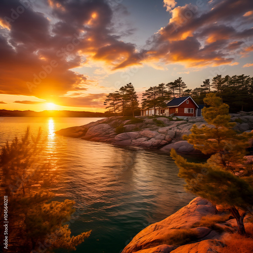 A serene view of a cabin by the lake during sunset, surrounded by pine trees and rocky shores, creating a peaceful atmosphere