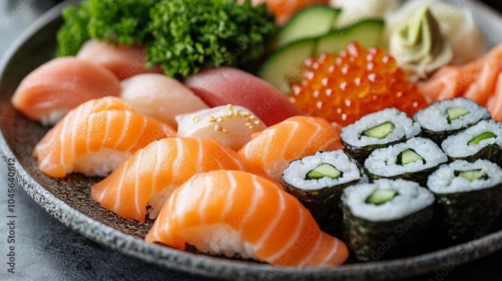 Assorted sushi with salmon, rolls, and garnish Assorted sushi with salmon, rolls, and garnish