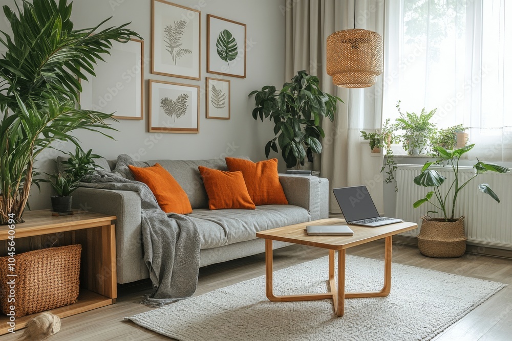 Fototapeta premium A cozy living room filled with plants and natural light in a stylish modern apartment