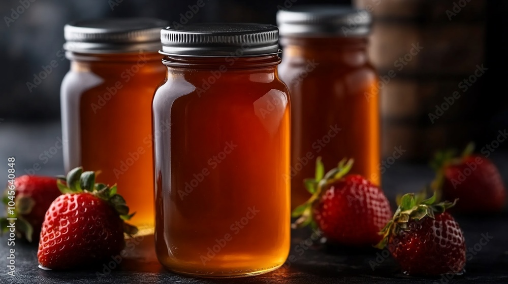 Three glass jars with a sweet red liquid and fresh strawberries. Three glass jars with a sweet red liquid and fresh strawberries.
