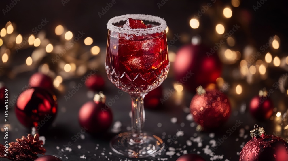 A glass of red wine sits on a black surface, surrounded by red Christmas ornaments, with a sugared rim and ice cubes in the drink. The background is blurred and shows gold holiday lights. A glass of red wine sits on a black surface, surrounded by red Christmas ornaments, with a sugared rim and ice cubes in the drink. The background is blurred and shows gold holiday lights.