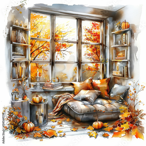 Cozy autumn corner with pumpkins and fall foliage illuminated by warm natural light