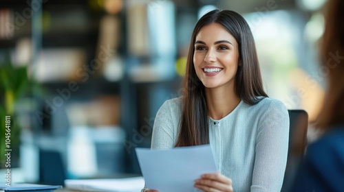 Smiling mature business woman hr holding cv document at job interview. Happy mid aged professional banking manager or lawyer consulting client sitting at workplace in corporate office meeting.