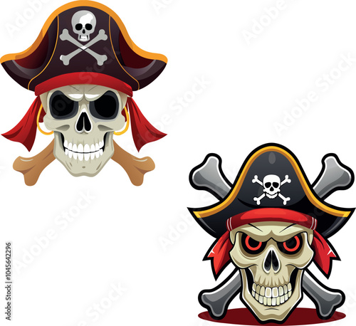 Two pirate skulls with crossed bones and bandanas wearing tricorn hats