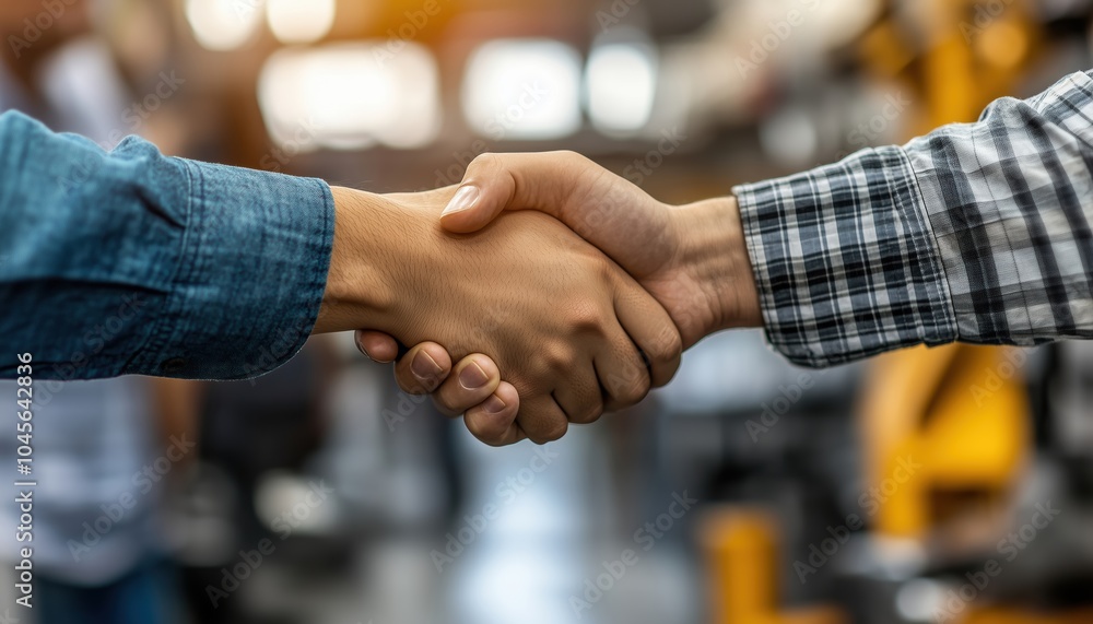 Diverse Industrial Worker'S Handshake At Manufactory: Industry Factory Engineer'S Partnership Agreement After Business Negotiations At Warehouse Diverse Industrial Worker'S Handshake At Manufactory: Industry Factory Engineer'S Partnership Agreement After Business Negotiations At Warehouse
