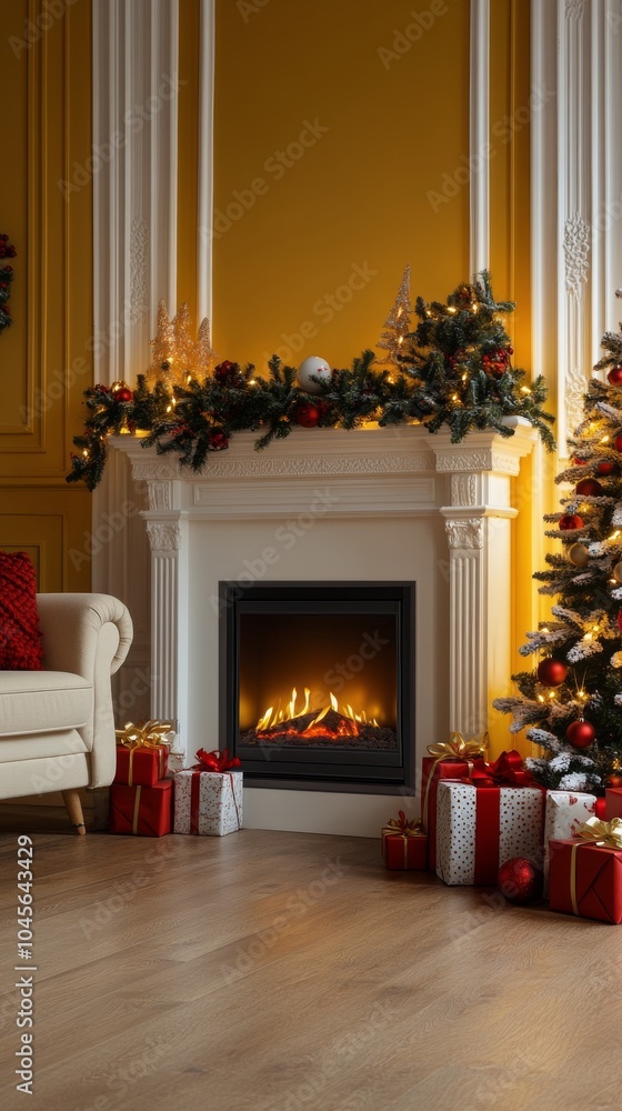 Cozy holiday living room with a fireplace adorned for Christmas near a decorated tree Cozy holiday living room with a fireplace adorned for Christmas near a decorated tree