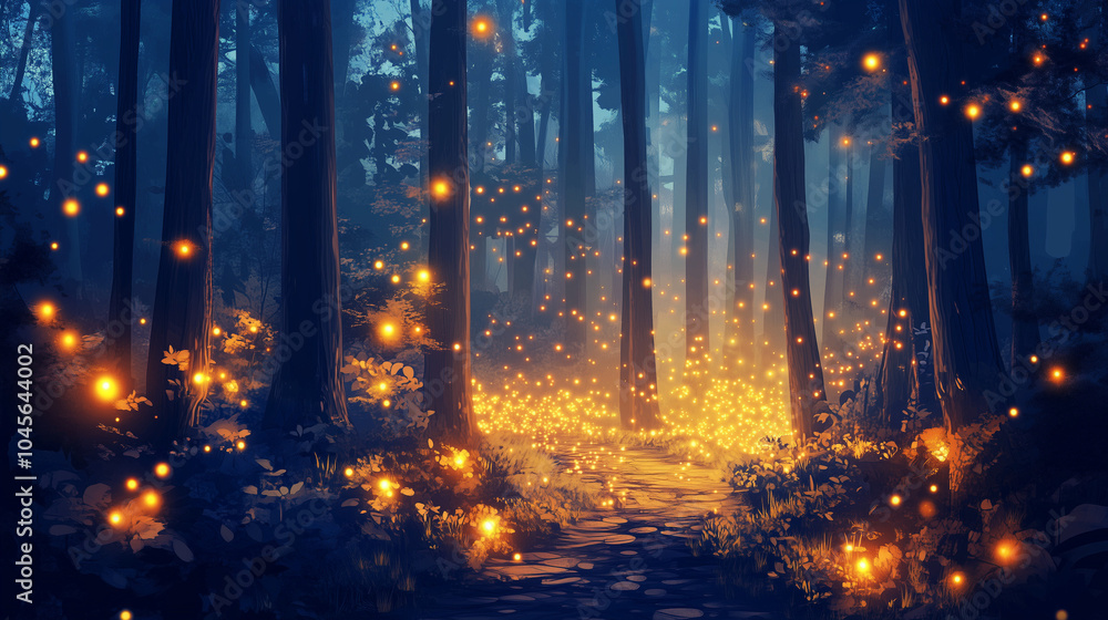 A glowing firefly-filled forest at twilight, with bright lights reflecting off the trees. A glowing firefly-filled forest at twilight, with bright lights reflecting off the trees.